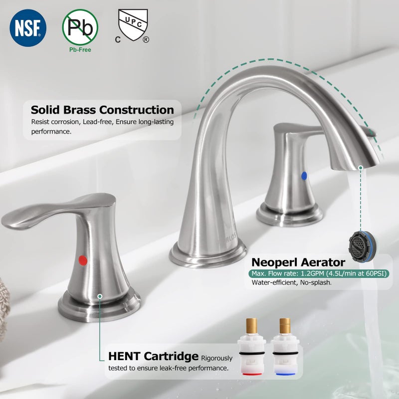 PARLOS Widespread 2 Handles Bathroom Faucet with Metal Pop Up Sink Drain and cUPC Faucet Supply Lines, Brushed Nickel, Demeter 13647 - Image 2